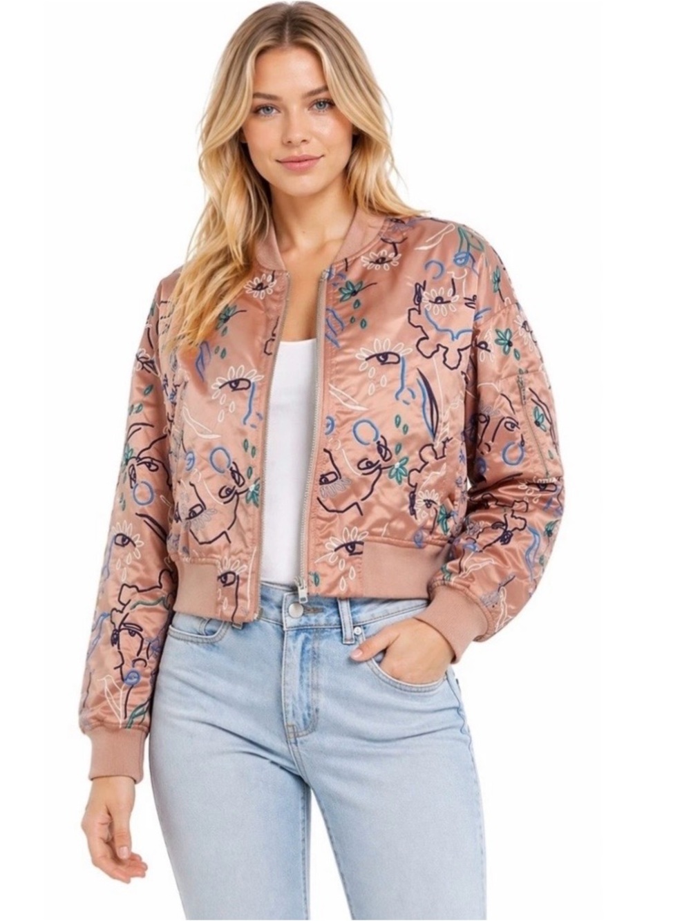 Nordstrom Christina Martinez Blush Pink Satin Embroidered Bomber Jacket NWT M